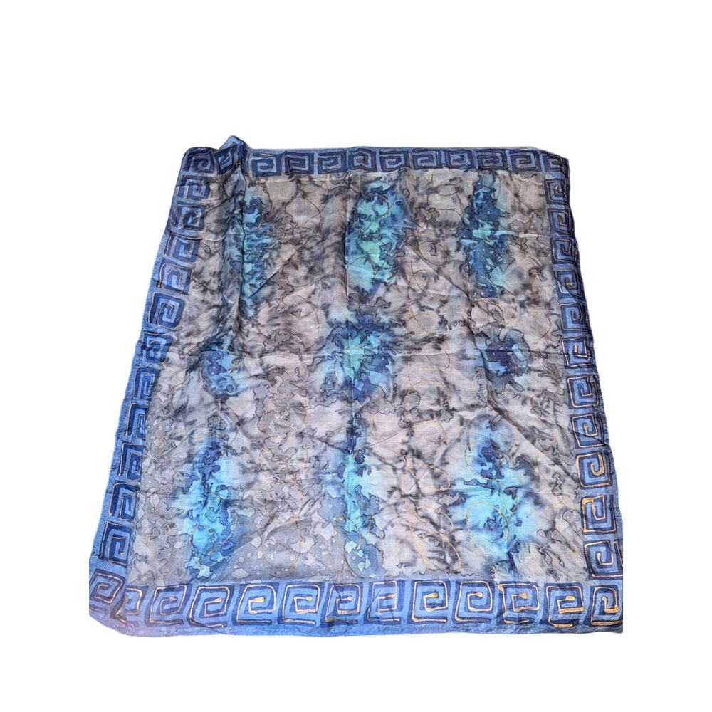Blue silk scarf square watercolors Greek key gold accents artsy hand rolled edge